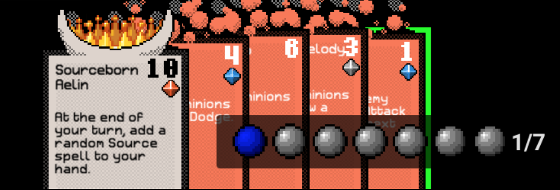 This is an example of a player's hand and Lun count. In this case, the
player has 7 Lun crystals total, but only 1 available left to use this
turn.