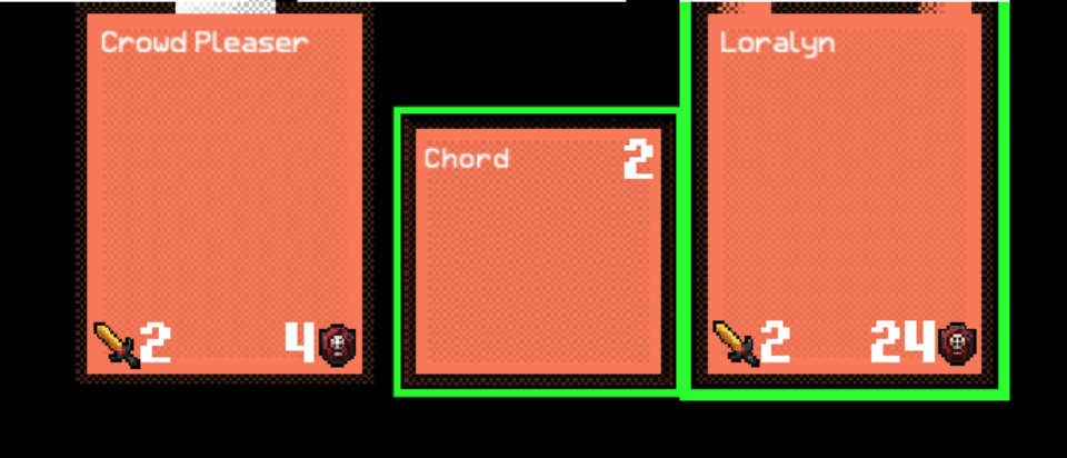 Here we can see the player's weapon, skill, and champion (going from
left to right). The skill is highlighted, meaning that it still can be
used this turn, and the highlight around our champion means that it can
still attack this
turn.